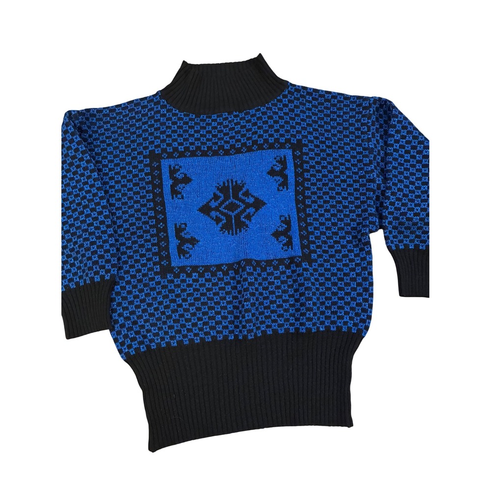 Vintage Blue Black Checkered Graphic Knit Sweater Sparkly Metallic Mock Neck Med